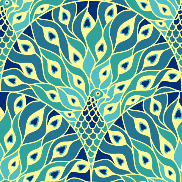 павлин арт-деко - pattern peacock multi colored decoration stock illustrations