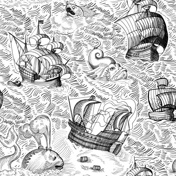 Vintage map Old ships and monsters in ocean. Vintage map drawing. Seamless background christopher columbus stock illustrations
