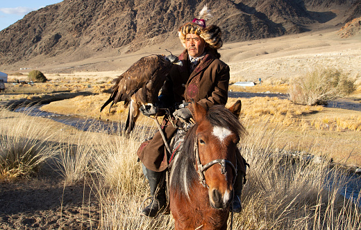 bayan Ulgii, Mongolia, 2nd October 2015: kazak eagle hunter in traditional clothing on his horse