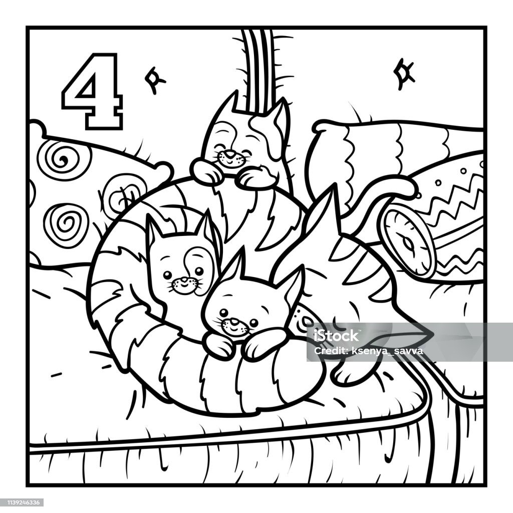 Coloring book, Four cats Coloring book for children, Four cats Counting stock vector