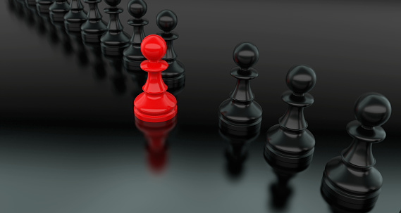 Leadership concept, red pawn of chess, standing out from the crowd of blacks. 3D Rendering