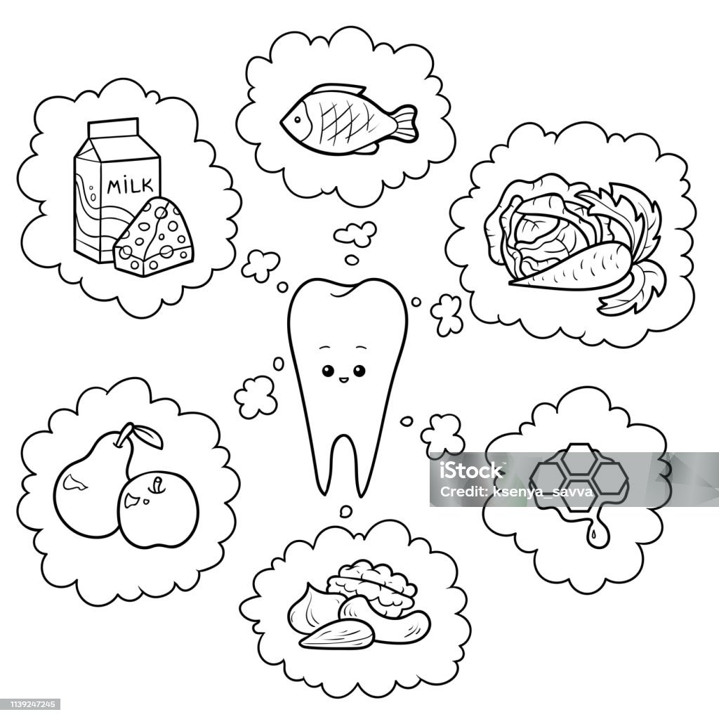 Black and white cartoon illustration. Good food for teeth. Black and white cartoon illustration. Good food for teeth. Educational poster for children about health Healthcare And Medicine stock vector