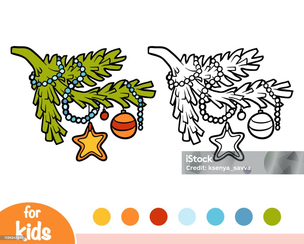 Coloring book, Decorated Christmas Tree branch Coloring book for children, Decorated Christmas Tree branch Christmas stock vector