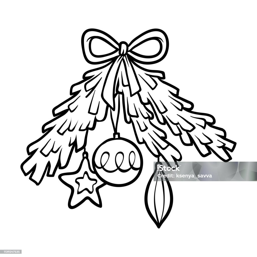 Coloring book, Decorated Christmas Tree branch Coloring book for children, Decorated Christmas Tree branch Black Color stock vector