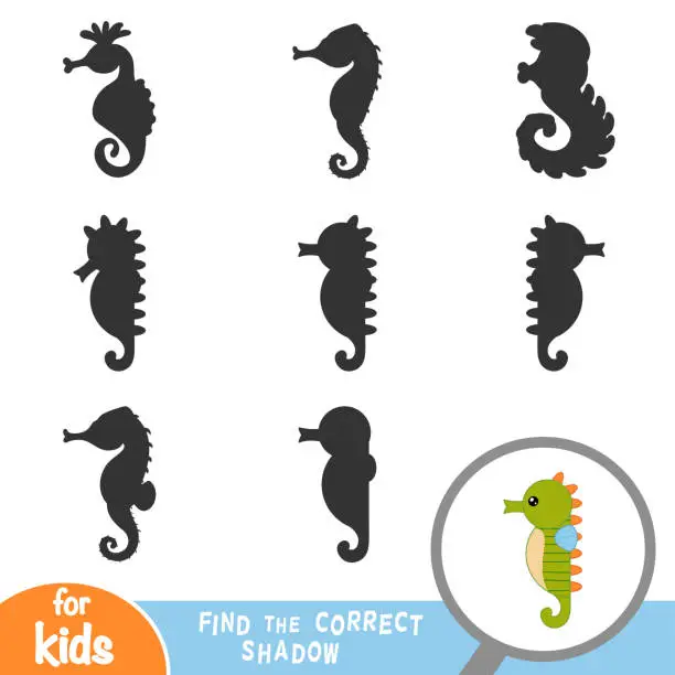 Vector illustration of Find the correct shadow, game for children, Sea horse
