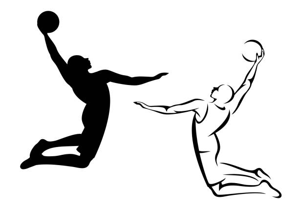 basketball player jumping black vector silhouette basketball player jumping with ball - male athlete black and white vector outline and silhouette silhouette of basketball player slam dunk stock illustrations