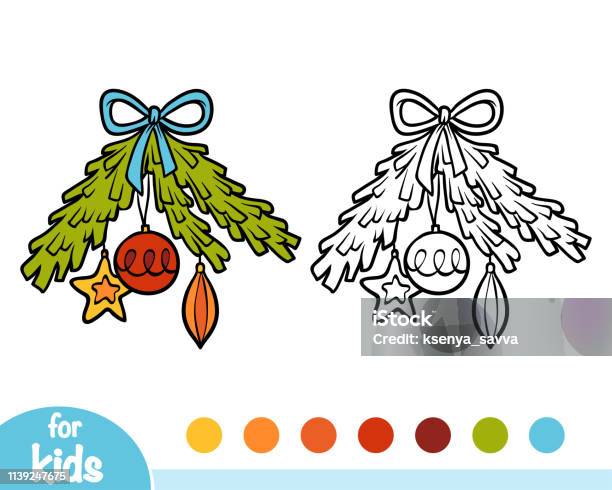 Coloring Book Decorated Christmas Tree Branch Stock Illustration - Download Image Now - Black Color, Book, Branch - Plant Part