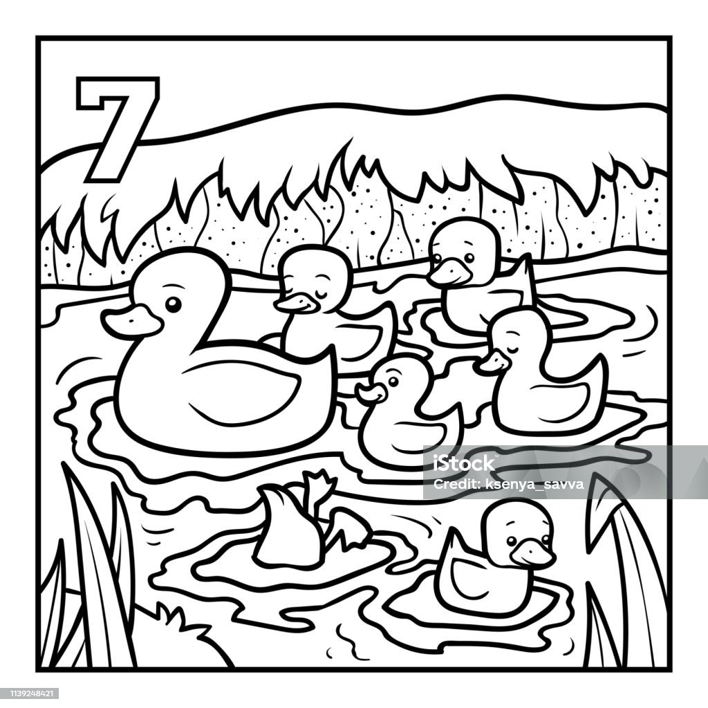 Coloring book, Seven ducks Coloring book for children, Seven ducks Coloring Book Page - Illlustration Technique stock vector