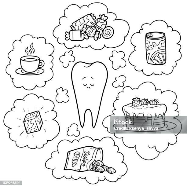 Black And White Cartoon Illustration Bad Food For The Teeth Educational Poster For Children Stock Illustration - Download Image Now