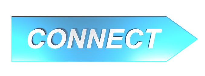 The write CONNECT in white letters on a blue arrow pointing to the right, on white background - 3D rendering illustration