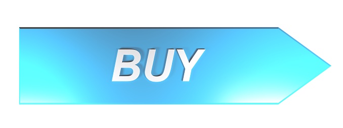 The write BUY in white letters on a blue arrow pointing to the right, on white background - 3D rendering illustration