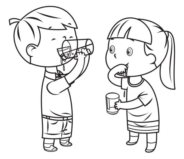 ilustrações de stock, clip art, desenhos animados e ícones de coloring book, little boy and girl drinks water - family cartoon child little girls