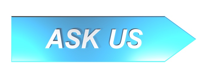 The write ASK US on a blue arrow pointing to the right, on white background - 3D rendering illustration