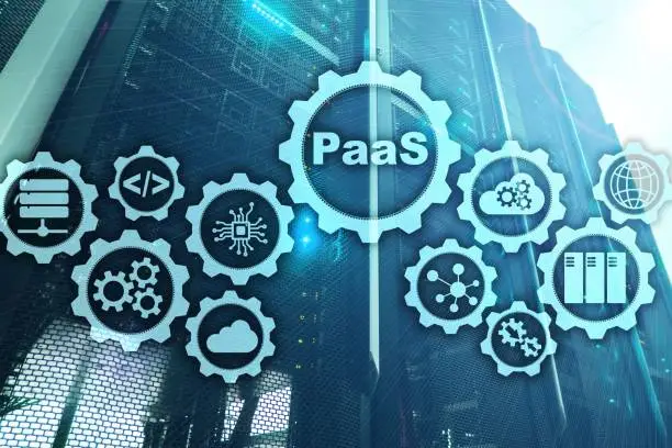 Photo of Platform as a service PaaS - cloud computing services concept. Server room background.