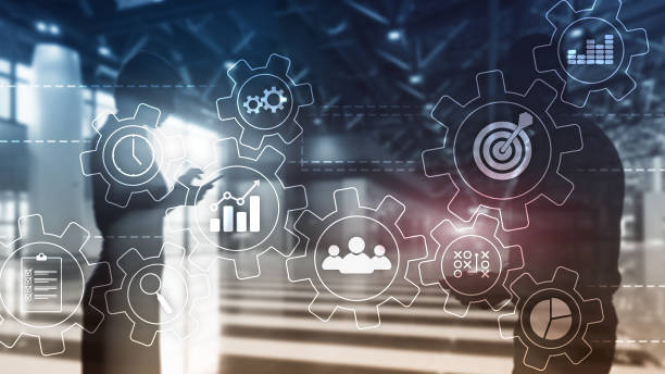 istock Business process automation concept. Gears and icons on abstract background. 1139257527