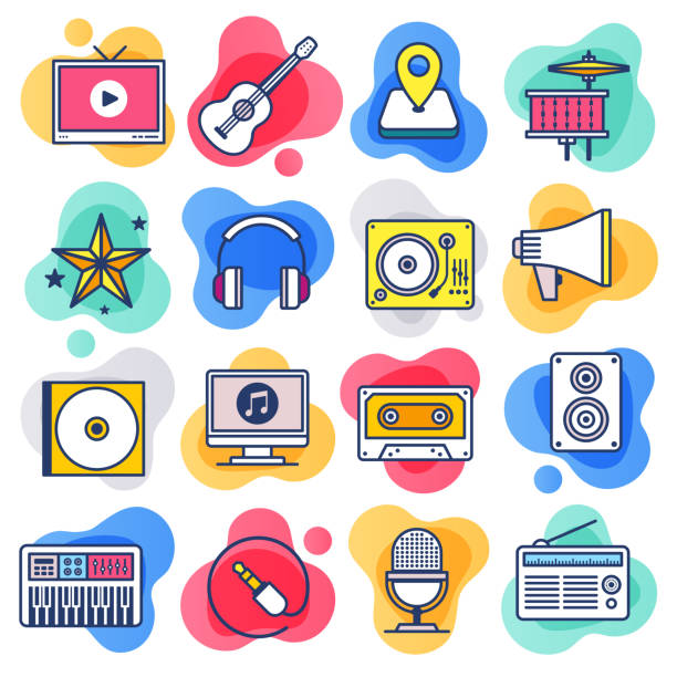 ilustrações, clipart, desenhos animados e ícones de música de ensino e aprendizagem de linha plana estilo líquido icon set vector - dvd player computer icon symbol icon set