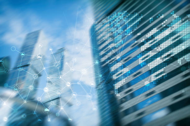 istock Double exposure mixed media. Diagrams, icons and relations structure on hologram screen. Business people and modern city on background. 1139257762