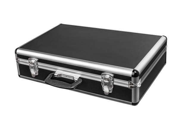 istock Black padded aluminum briefcase case with metal corners isolated on white background 1139258574