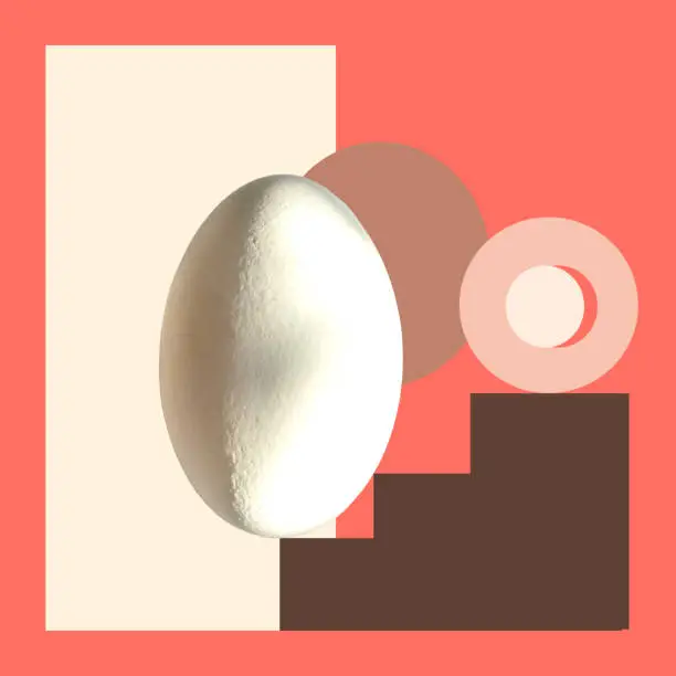 White chicken egg on the background of geometric patterns with living coral color. Abstract design in the style of Bauhaus with an egg for Easter.
