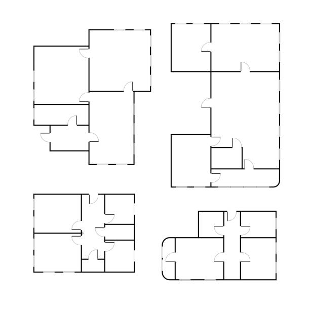 Set of different black and white house floor plans isolated on white Set of different black and white house floor plans on white floor plan illustrations stock illustrations