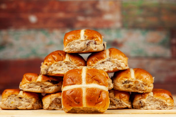 istock Stack of fresh golden hot cross buns 1139263179