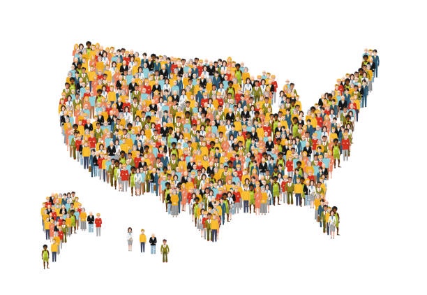 International group of peoples from different social status stand in USA map silhouette isolated on white International group of peoples from different social status stand in USA map silhouette on white population explosion stock illustrations