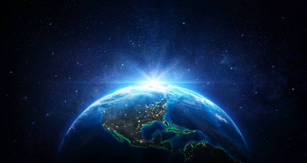 sunrise in the space - blue earth with city lights - usa elementi di questa immagine arredata dalla nasa - 3d rendering - galassia immagine foto e immagini stock