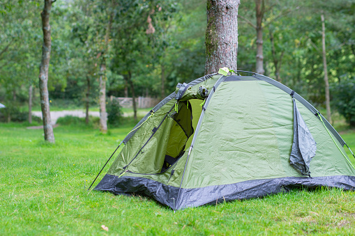 Small green tent pitched near tree on camping in rural England.Tourism in UK.Outdoors equipment.Vacation on British countryside.
