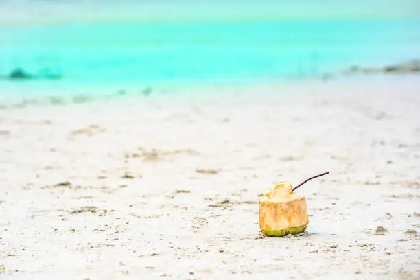 Photo of Coconut for drinking on sand beach and green sea on summer holidays