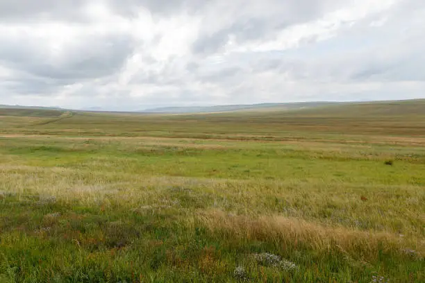 Photo of Mongolian steppe on the background of a cloudy sky