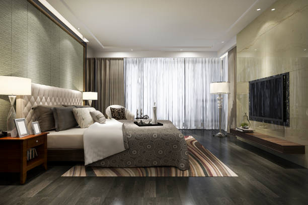 istock 3d rendering beautiful luxury bedroom suite in hotel with tv 1139269678