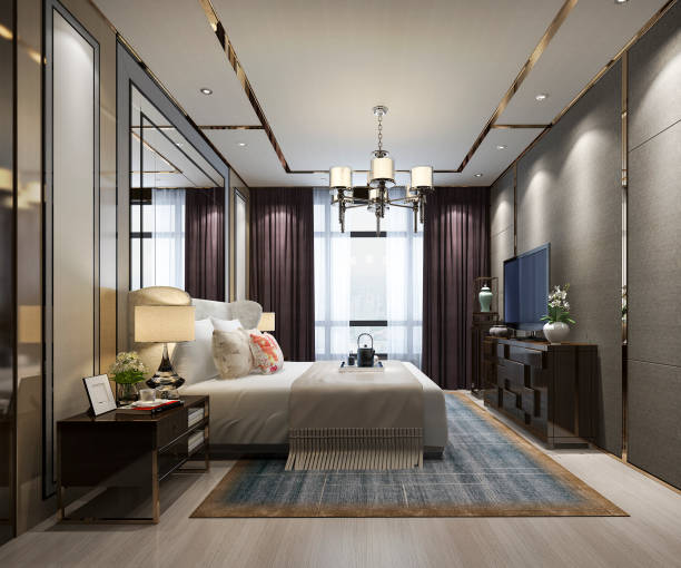 istock 3d rendering beautiful luxury bedroom suite in hotel with tv 1139269680
