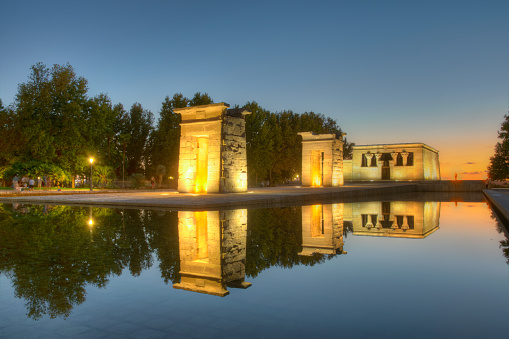 Sunset view of temple of debod in Madrid