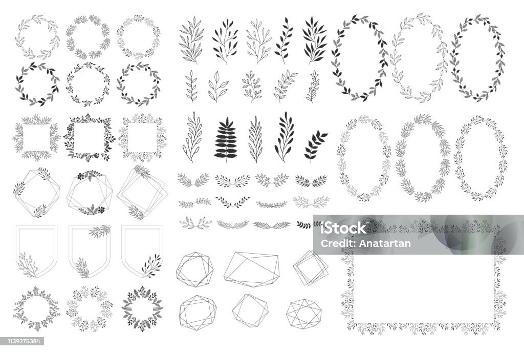 Set of summer decorative elements. Vector herbs, frames, wreaths. Isolated. Hand drawn design. Border - Frame stock vector