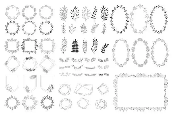 Vector illustration of Set of summer decorative elements. Vector herbs, frames, wreaths. Isolated. Hand drawn design.