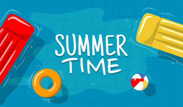 Rubber ring and raft floating on water Swimming pool top view background. Rubber ring and raft floating on water. Vector illustration in flat style inflated pool stock illustrations