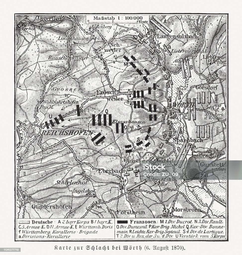 Map of the Battle of Wörth, France, 6 August 1870 Topographic map of the Battle of Wörth in France on 6 August 1870 during the opening stages of the Franco-Prussian War (1870/71). Wood engraving, published in 1897. Map stock illustration