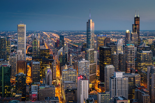 Chicago Cityscape at Night Aerial View
