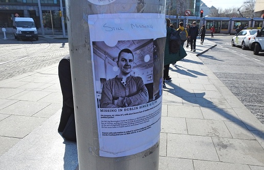 29th March 2019, Dublin, Ireland. Missing person poster displayed on a lamp post in Dublin City Centre.