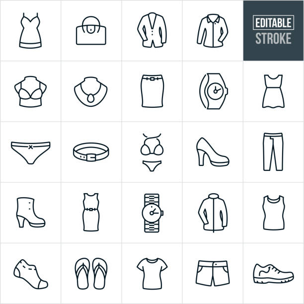 Women's Clothing Thin Line Icons - Editable Stroke A set of women's clothing icons that include editable strokes or outlines using the EPS vector file. The icons include a dress, skirt, purse, suit jacket, dress shirt, bra, jewelry, watch, underwear, belt, bikini, high heel, shoe, pants, book, jacket, socks, flip flops and short to name just a few. The cloths consist of both casual and formal wear. bathing suit stock illustrations