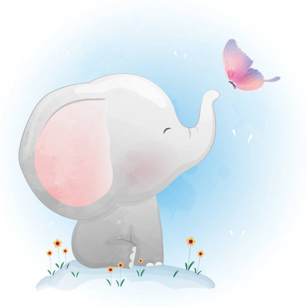 Cute Baby Elephant Playing With Butterfly Stock Illustration - Download  Image Now - Elephant, Cute, Watercolor Painting - iStock
