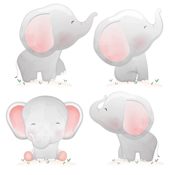 satz von niedlichen cartoon baby-elefanten. - elefant stock-grafiken, -clipart, -cartoons und -symbole