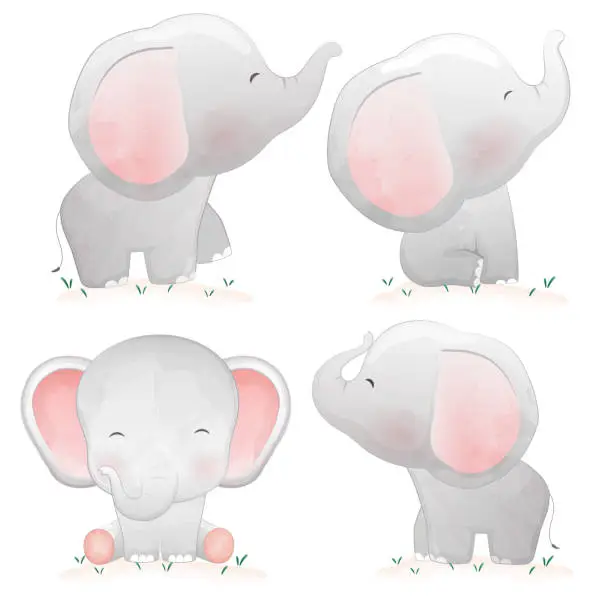Vector illustration of Set of cute cartoon baby elephants.