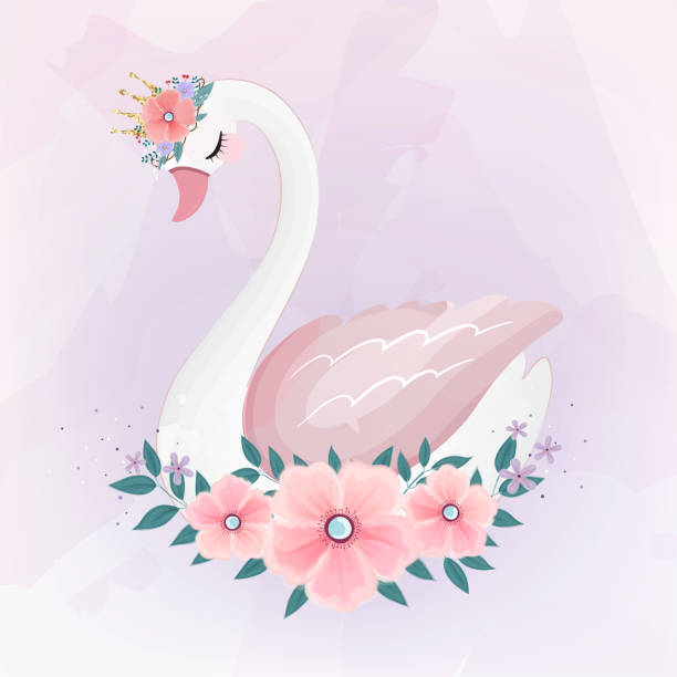 illustrations, cliparts, dessins animés et icônes de mignon petite princesse swan avec bouquet de fleurs. - swan princess cartoon crown