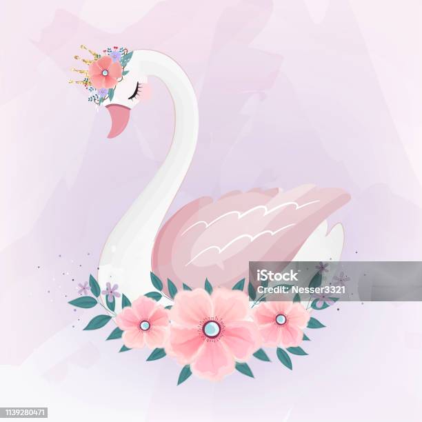 Cute Little Princess Swan With Flower Bouquet Stock Illustration - Download Image Now - Swan, Watercolor Painting, Princess