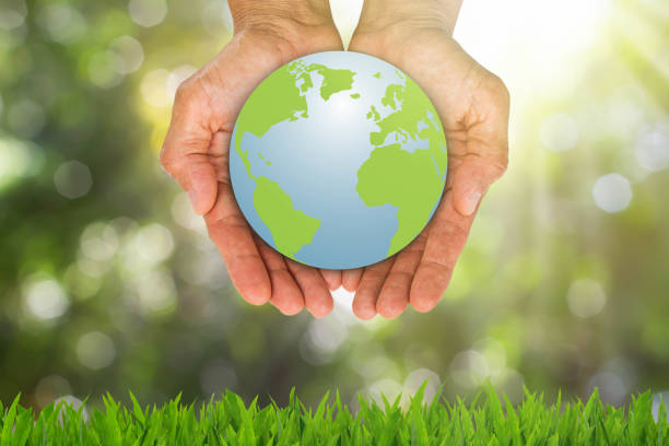 istock Hands holding globe with care on blurred green nature bokeh background, environment concept 1139281776