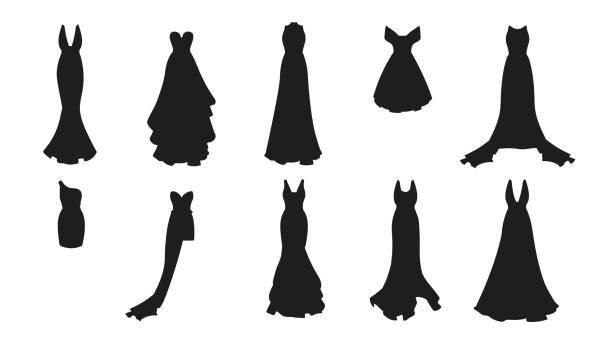 A silhouette set of different dresses. A silhouette set of different dresses. Modern and classic style. Dresses for prom, gala evening, wedding, masquerade, points. silhouette of a prom dress sketches stock illustrations