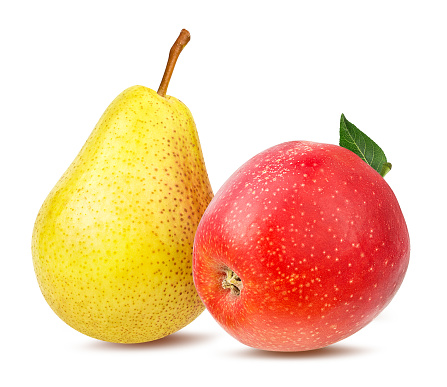 Fresh red apple and pear with leaf isolated on white background with clipping path