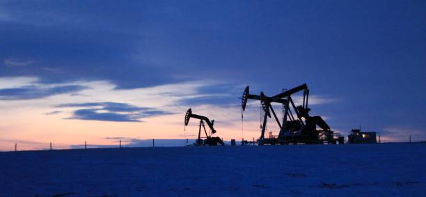 istock Oil pumpjacks at dawn 1139286080