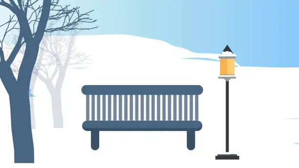 Vector illustration of Winter day in the park. Wooden bench with street lamp Background